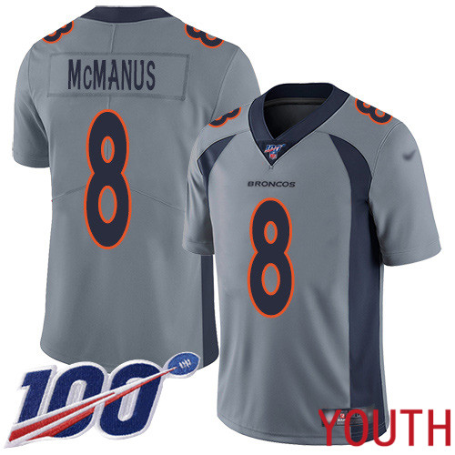 Youth Denver Broncos #8 Brandon McManus Limited Silver Inverted Legend 100th Season Football NFL Jersey->youth nfl jersey->Youth Jersey